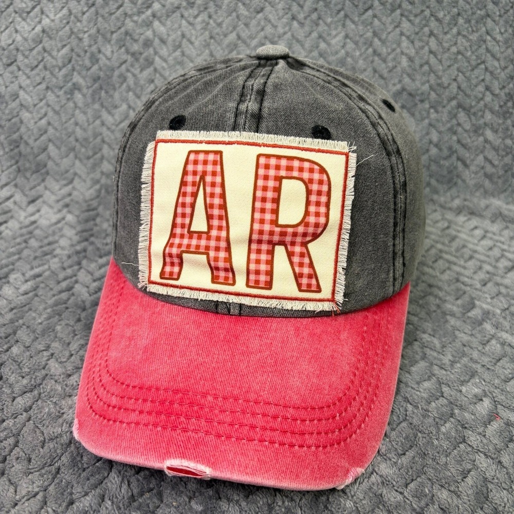 Southern Junkie Arkansas AR Hat Distressed Grey Pink Gingham Patch Baseball Cap